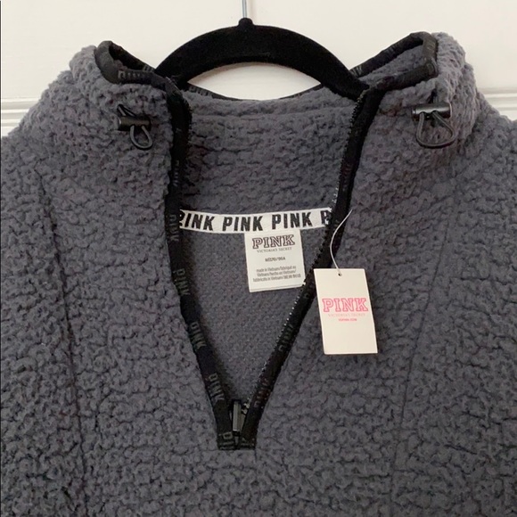 VS PINK Black/Grey Fuzzy Sherpa 3/4 ZIP JACKET SWEATER - Picture 4 of 4